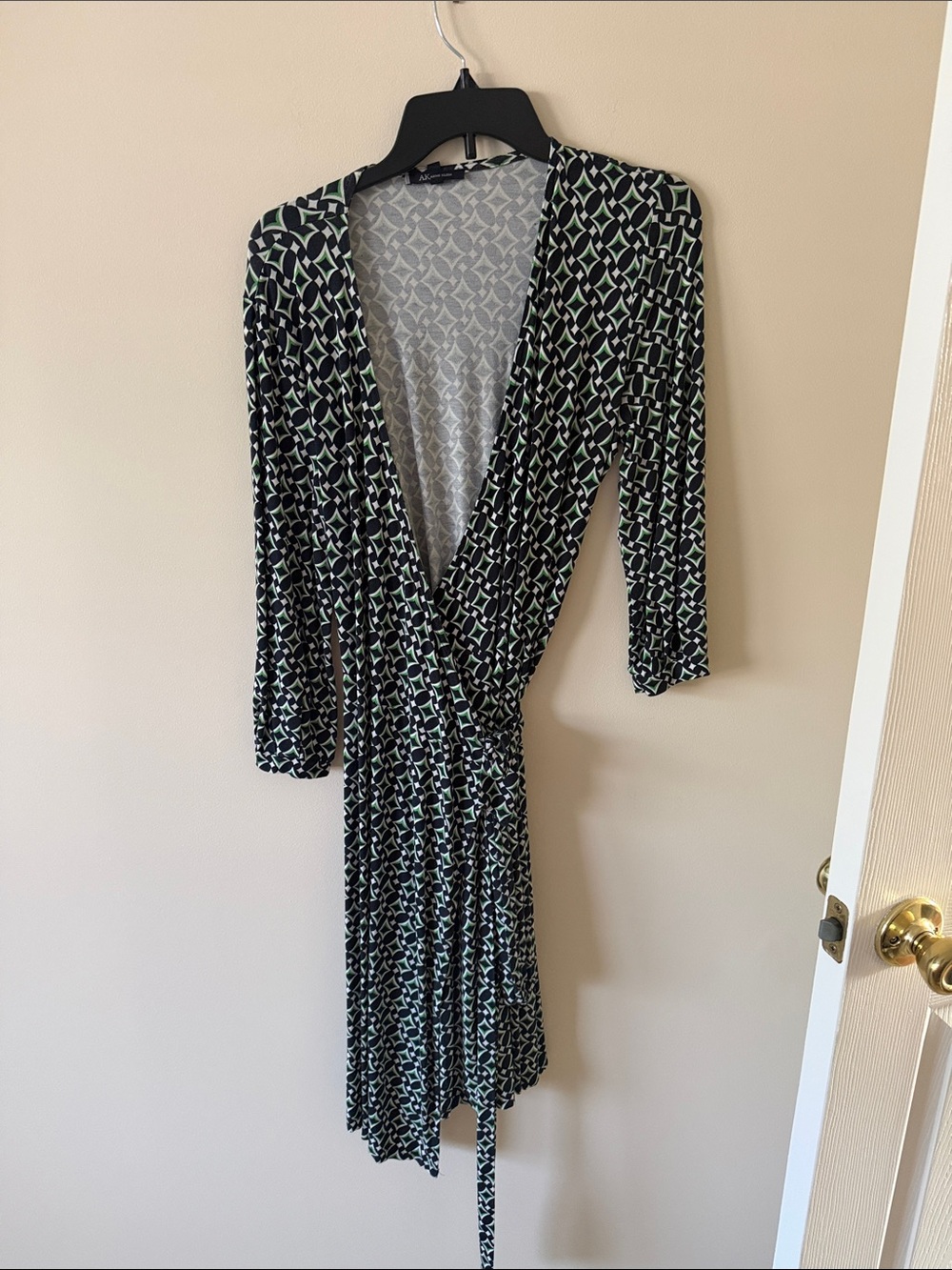 Anne Klein Black Wrap Dress with Mint Geometric Print